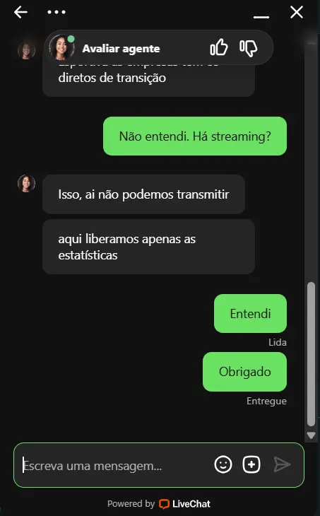 Captura de tela de conversa na chat da plataforma Hanzbet