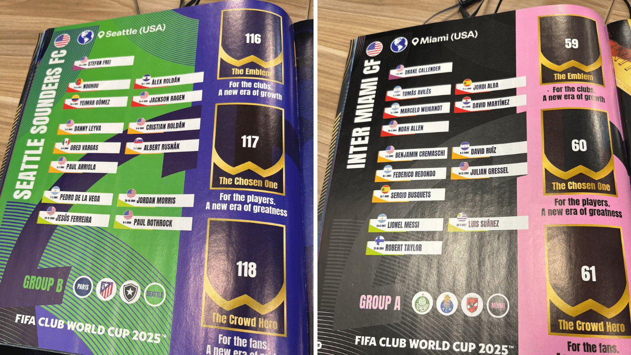 As p&aacute;ginas &uacute;nicas de Seattle Sounders e Inter Miami no &aacute;lbum de figurinhas da Copa do Mundo de Clubes
