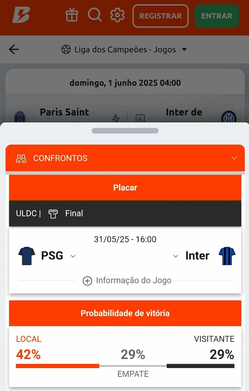 Captura de tela da plataforma Betano com dados estat&iacute;sticos do jogo PSG x Inter de Mil&atilde;o, pela final da Uefa Champions League 2024/25