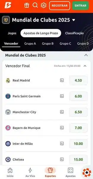 Captura de tela da Betano Brasil com apostas a longo prazo no Mundial de Clubes