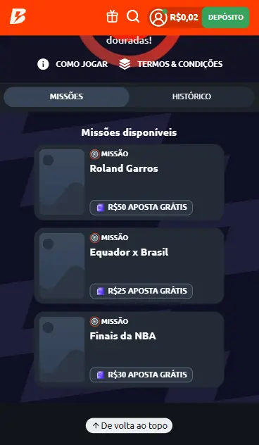 Captura de tela da p&aacute;gina de Miss&otilde;es da Betano
