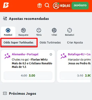 Captura de tela com a localiza&ccedil;&atilde;o das Odds Super Turbinadas da Betano 
