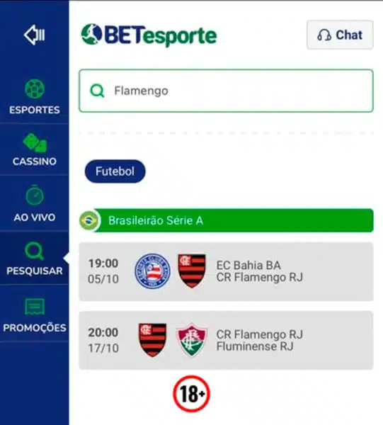 Captura de tela utilizando a barra de pesquisa da vers&atilde;o mobile da BETesporte para buscar por partidas do Flamengo