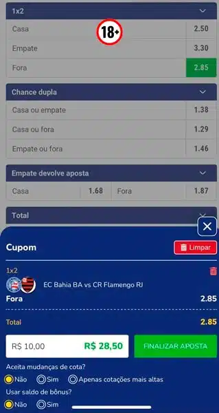 Captura de tela da p&aacute;gina BETesporte do jogo Bahia x Flamengo com uma aposta na vit&oacute;ria do Flamengo e cupom de aposta vis&iacute;vel