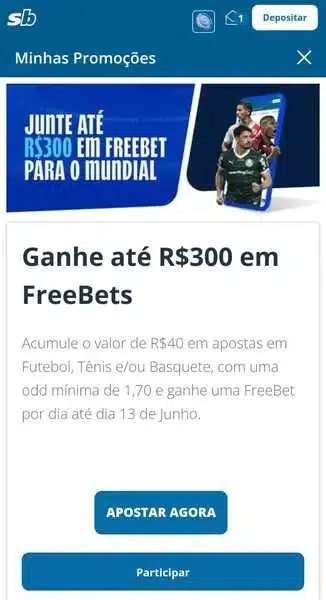 Captura de tela com a promo&ccedil;&atilde;o de apostas gr&aacute;tis no Mundial da Sportingbet
