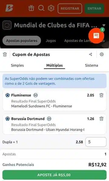 Captura de tela com simula&ccedil;&atilde;o de aposta m&uacute;ltipla com 2 bilhetes na Betano