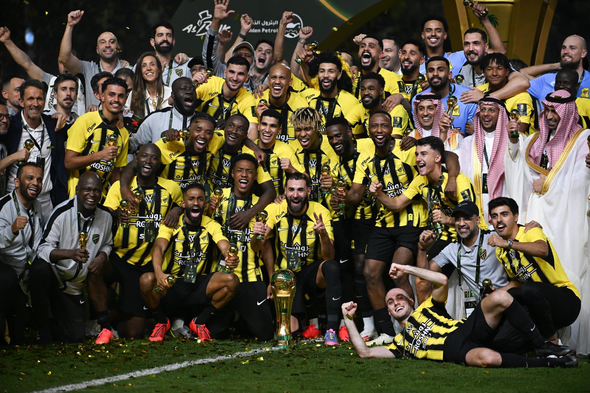JEDDAH, SAUDI ARABIA – MAY 30: Ittihad s players celebrate with the championship trophy during the podium ceremony . dur
