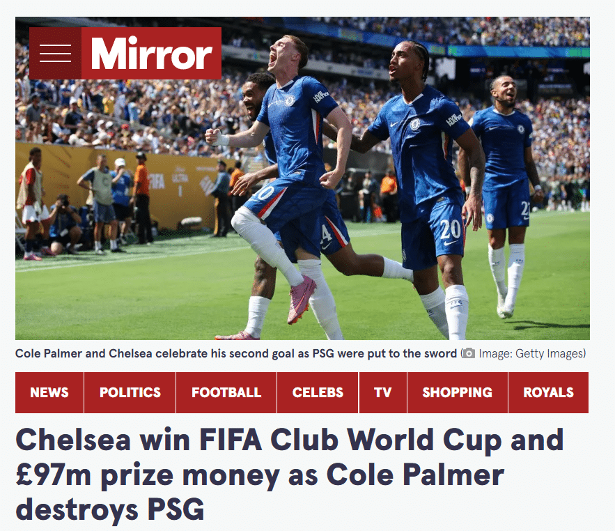 "Daily Mirror" d&aacute; destaque ao pr&ecirc;mio de mais de R$ 700 milh&otilde;es recebido pelo Chelsea no Mundial