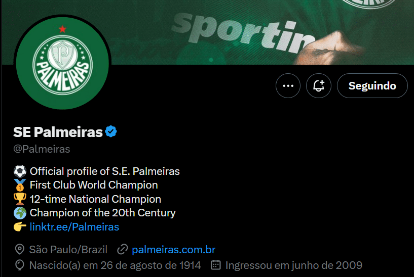 Descri&ccedil;&atilde;o em ingl&ecirc;s do perfil do Palmeiras no Twitter