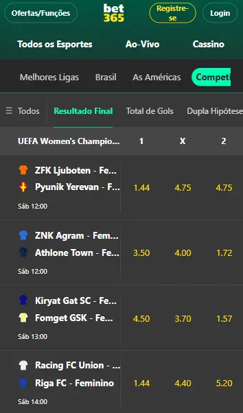 Captura de tela das op&ccedil;&otilde;es de apostas na Champions Feminina da Bet365
