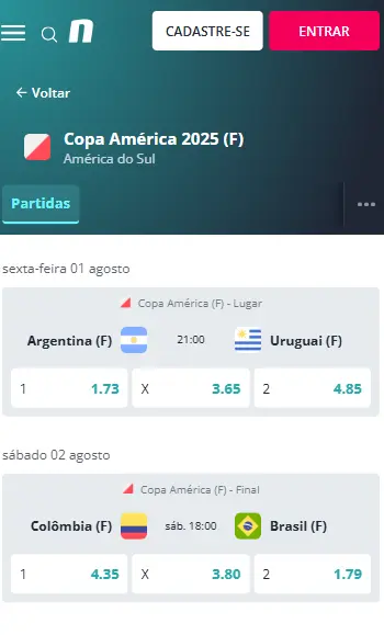 Captura de tela da se&ccedil;&atilde;o de apostas da Copa Am&eacute;rica Feminina na Novibet
