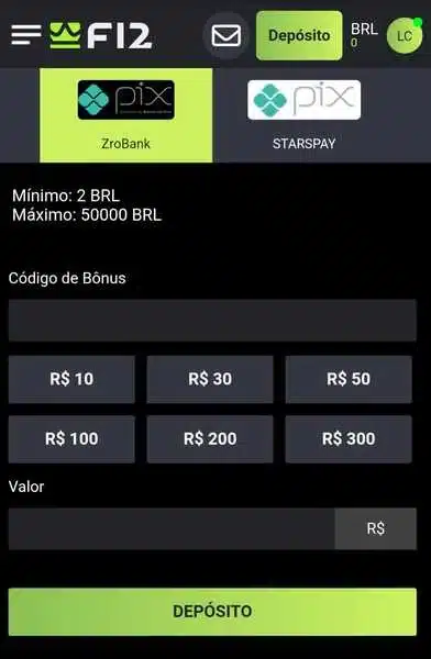 Guia de pagamento da F12 Bet: dep&oacute;sito m&iacute;nimo e mais informa&ccedil;&otilde;es
