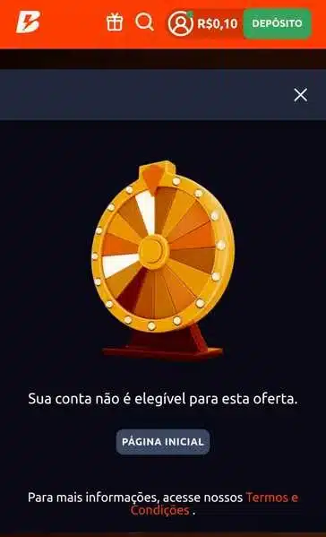 Captura de tela da Roda da Sorte Betano n&atilde;o dispon&iacute;vel