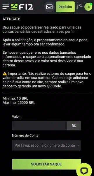 Captura de tela da p&aacute;gina de saque da F12 Bet