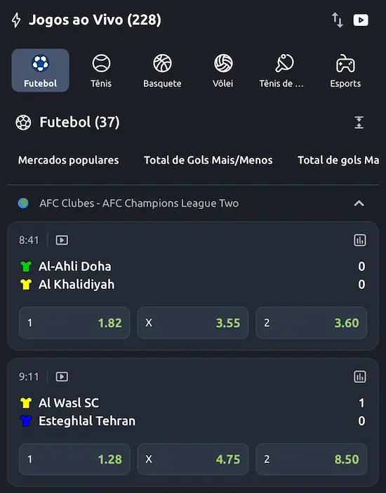 Captura de tela de mercados ao vivo na Betano