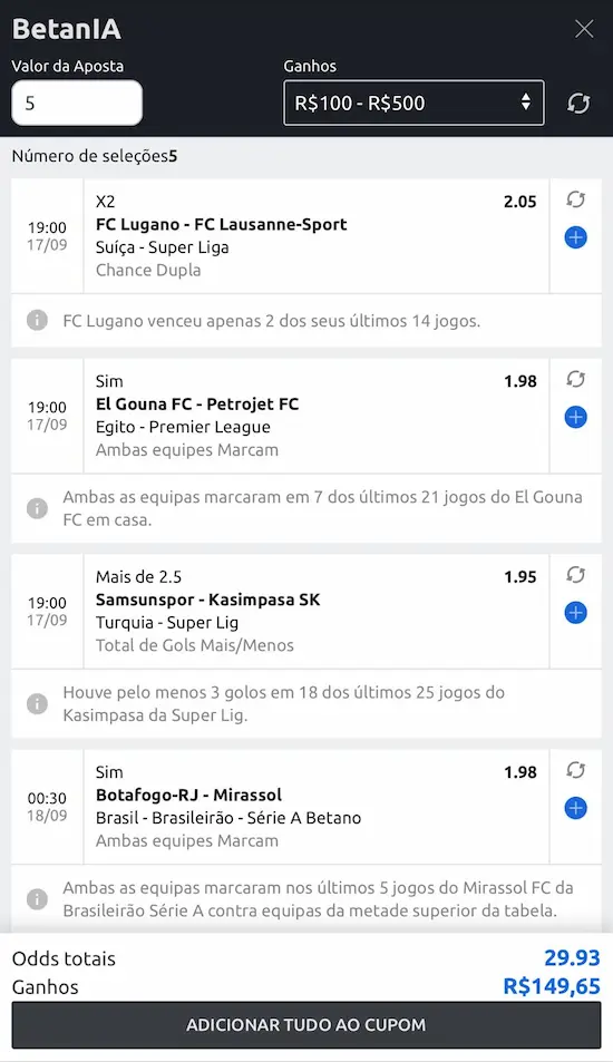 Captura de tela do recurso BetanIA, antigo Bet Mentor