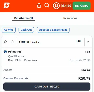 Captura de tela do Cash out na Betano