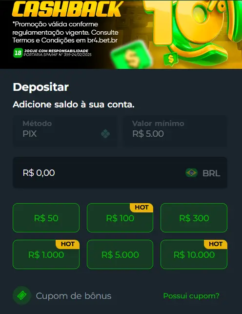 Captura de tela mostra que dep&oacute;sito m&iacute;nimo na Br4bet &eacute; de R$5
