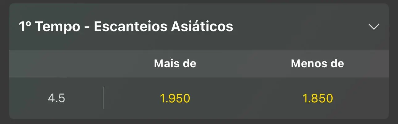 Captura de tela de escanteio asi&aacute;tico no 1&ordm; tempo na Bet365 no dia 10/09/2025
