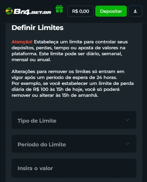 Captura de tela mostra como definir controles de apostas na Br4bet