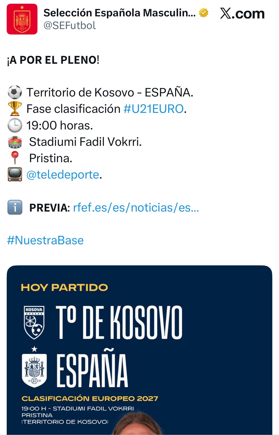 Post da sele&ccedil;&atilde;o espanhola chamando Kosovo de "territ&oacute;rio"