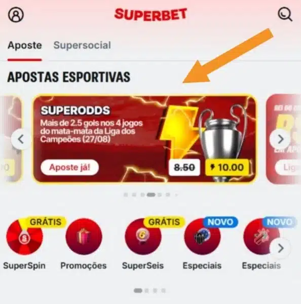 Captura de tela com as superodds da Superbet na p&aacute;gina inicial
