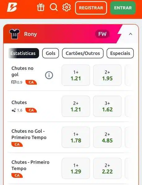 Captura de tela com os mercados de chutes individuais a gol na Betano