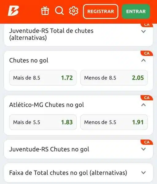 Captura de tela com os mercados de chutes a gol por equipe na Betano