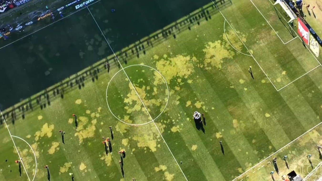 Gramado estava com manchas na partida contra o Vitória (Foto: Reprodução/TV Globo)