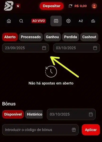  Captura de tela da p&aacute;gina com o hist&oacute;rico de apostas da Bateubet
