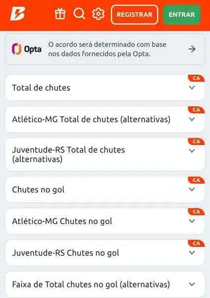 Captura de tela com os mercados de chutes a gol na Betano