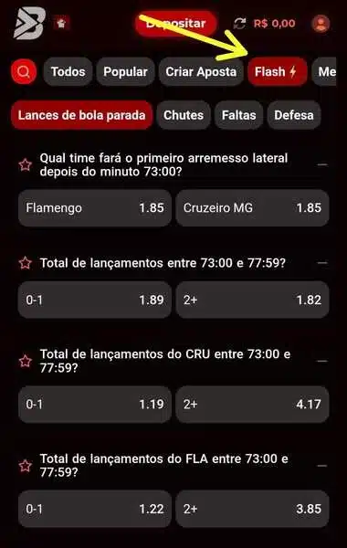 Captura de tela da p&aacute;gina de mercados &ldquo;Flash&rdquo; da Bateubet
