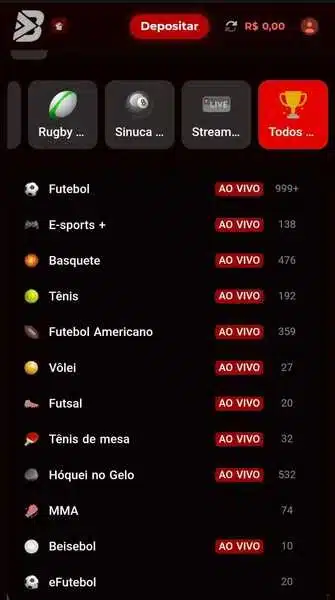 Captura de tela da p&aacute;gina de modalidades esportivas da Bateubet