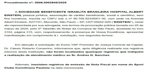 Nota Einstein Andr&eacute;s cart&atilde;o corporativo Corinthians