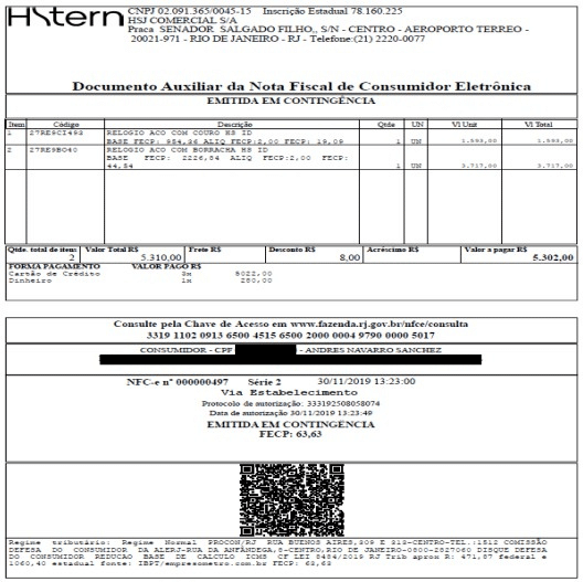 Nota fiscal rel&oacute;gio Andr&eacute;s Corinthians
