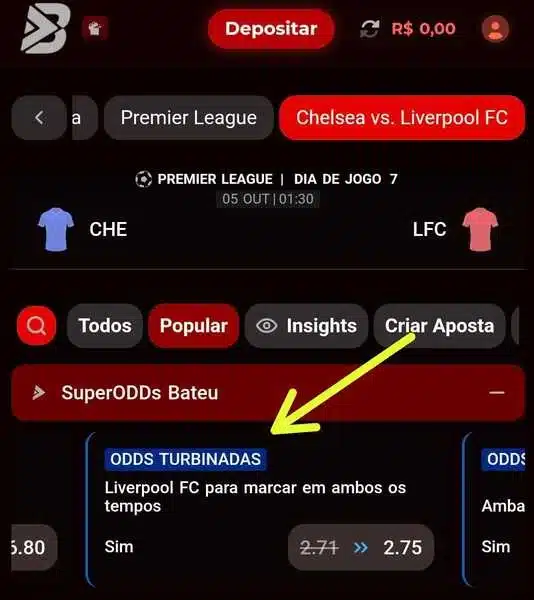 Captura de tela da p&aacute;gina de odds turbinadas da Bateubet, no jogo entre Chelsea x Liverpool, pela 7&ordf; rodada da Premier League 2025/2026

