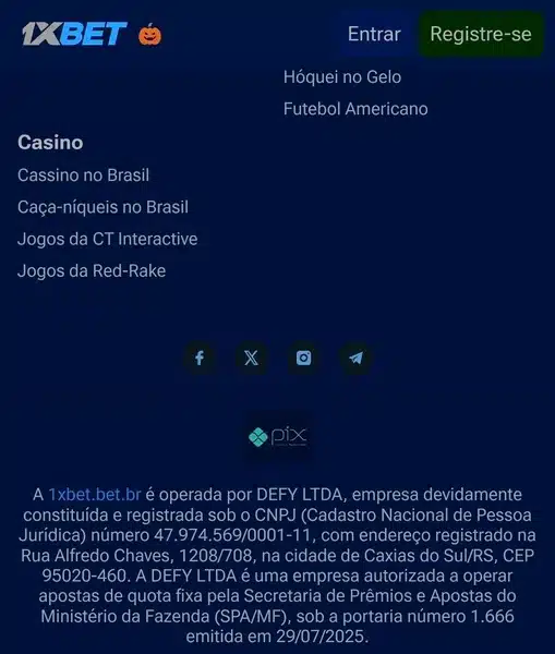 Captura de tela com as formas de pagamento dispon&iacute;veis na 1xbet Brasil