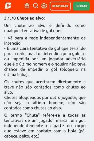 Captura de tela com as regras sobre os mercados de chutes a gol na Betano