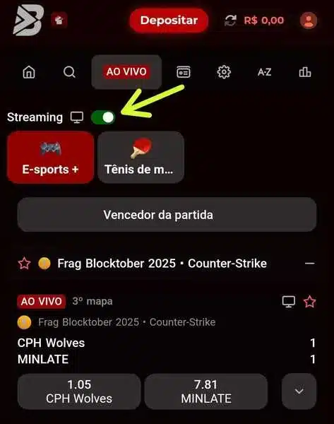 Captura de tela com o recurso de streaming da Bateubet
