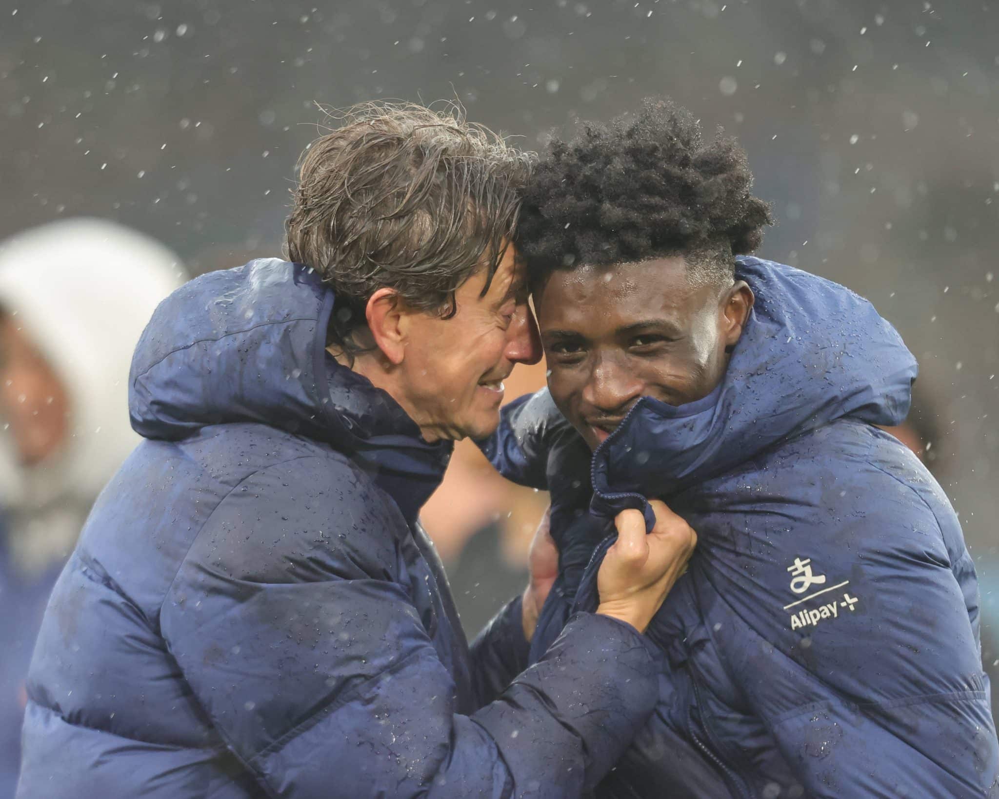 Thomas Frank e Mohamed Kudus ap&oacute;s jogo do Tottenham 