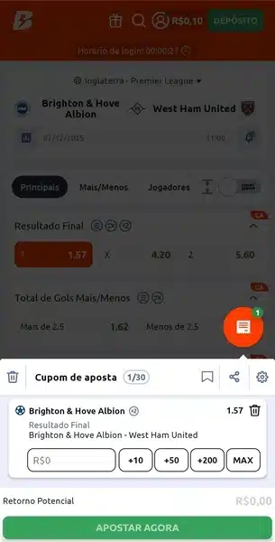 Captura de tela da estrat&eacute;gia de alavancagem de banca em um jogo da Premier League