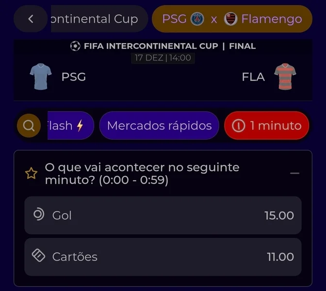 Captura de tela das apostas de 1 minuto da Multibet