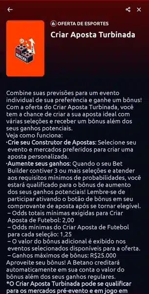 Captura de tela da promo&ccedil;&atilde;o Criar Aposta Turbinada, da Betano