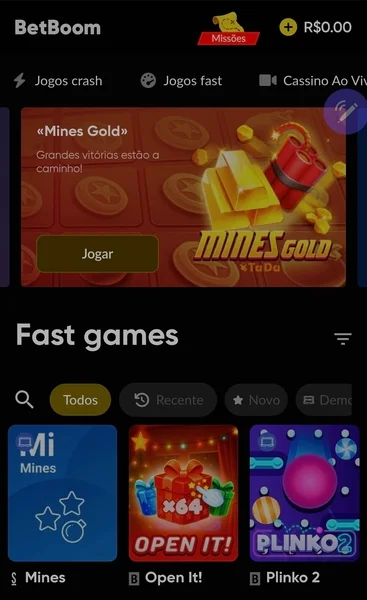Captura de tela da p&aacute;gina com os fast games da Betboom
