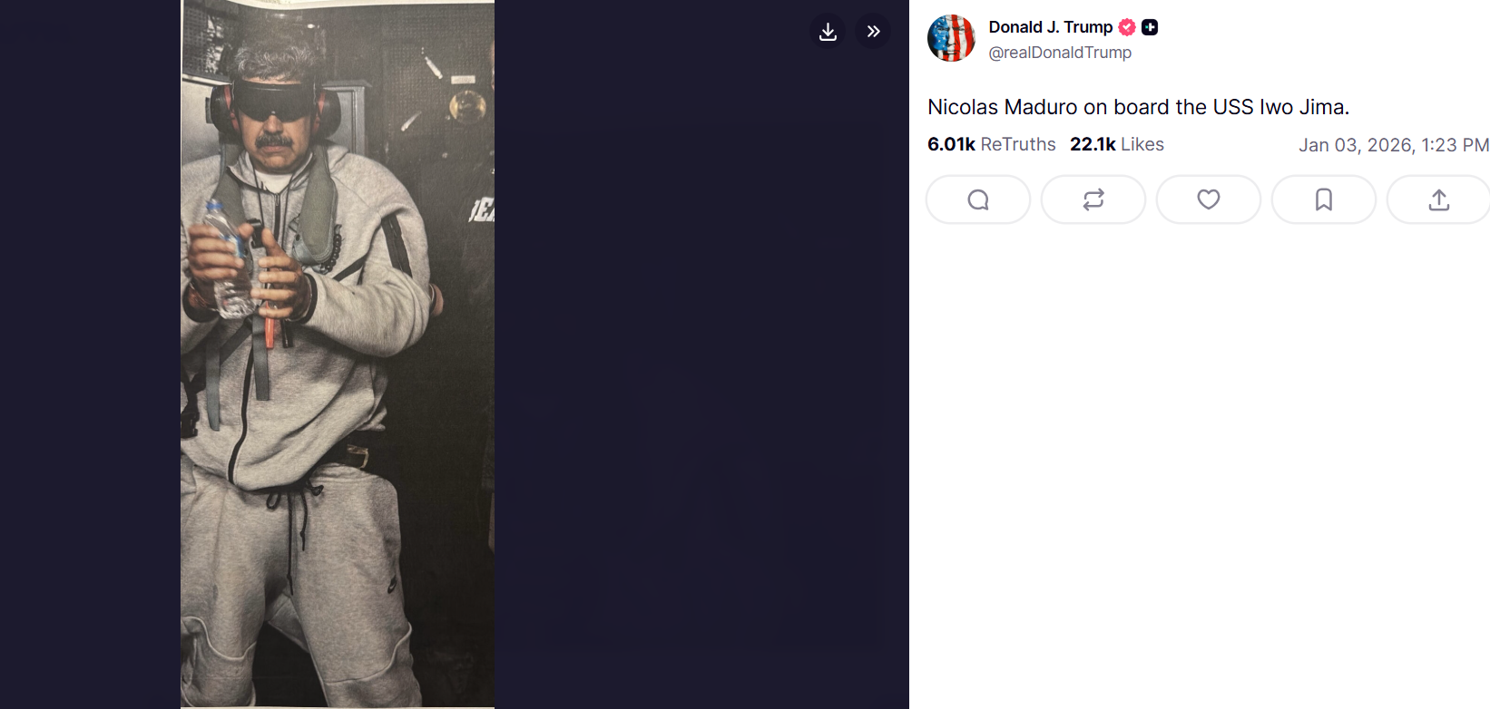 Foto de Maduro preso publicada pelo presidente dos Estados Unidos em sua rede social