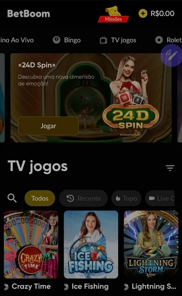 Captura de tela da p&aacute;gina com os jogos de TV da Betboom
