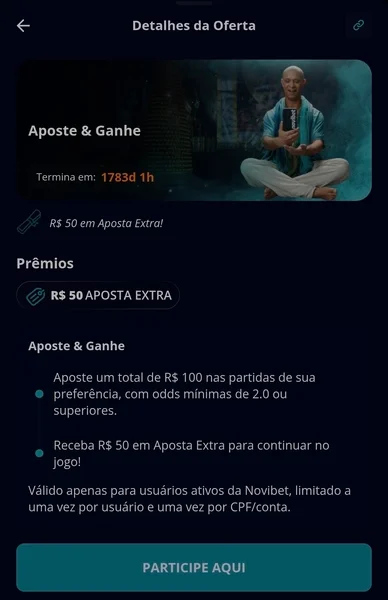 Captura de tela da promo&ccedil;&atilde;o &ldquo;Aposte & Ganhe&rdquo; da Novibet