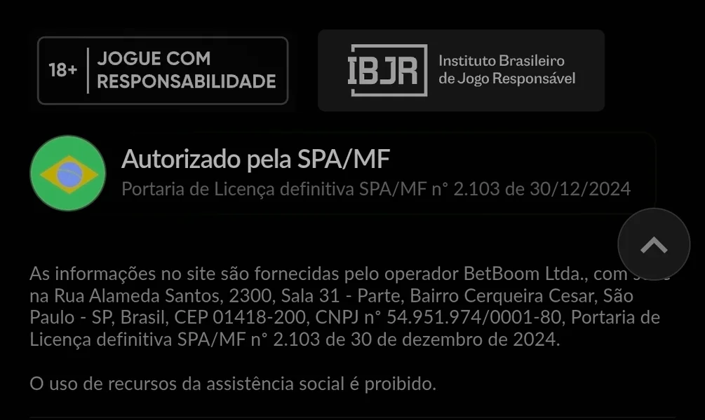 Captura de tela com as informa&ccedil;&otilde;es legais sobre a Betboom no Brasil
