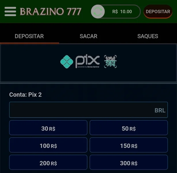 Captura de tela da p&aacute;gina de pagamentos da Brazino777
