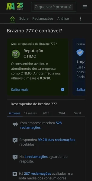 Captura de tela da p&aacute;gina inicial da Brazino777 no Reclame Aqui
